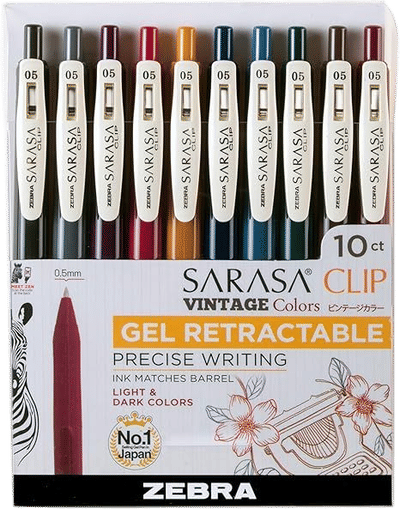 Zebra Sarasa Clip Retractable Gel Pen, 0.5mm Vintage Colors (10-Pack)
