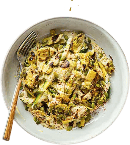 Lemon Zucchini Noodles with Spicy Cashew Cream and Crispy Artichokes