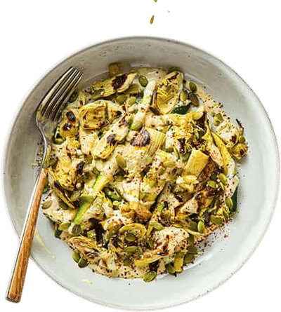 Lemon Zucchini Noodles with Spicy Cashew Cream and Crispy Artichokes Recipe