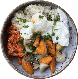poached eggs, quinoa, braised veg, kimchi