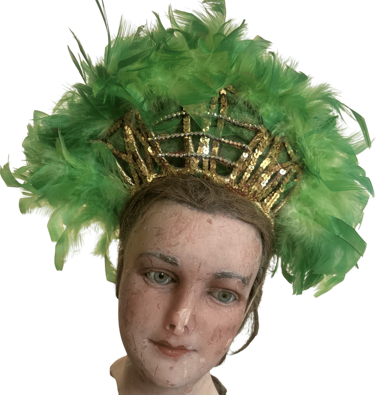 Vintage 1930s Gold & Green Feather Headpiece Hat Rhinestones Showgirl Burlesque