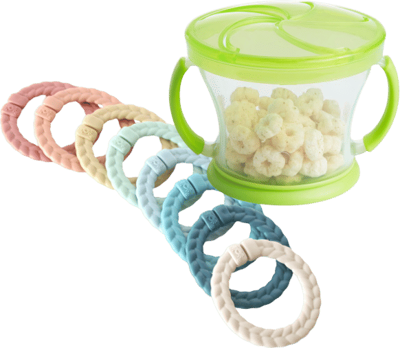 snack catcher + teething ring = attach a snack anywhere