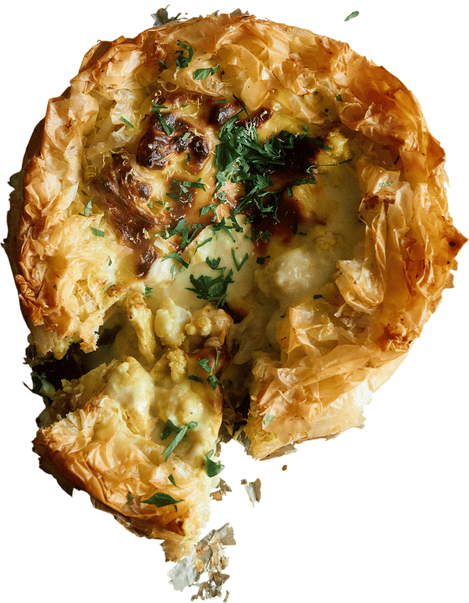 Curried cauliflower and cheese filo pie