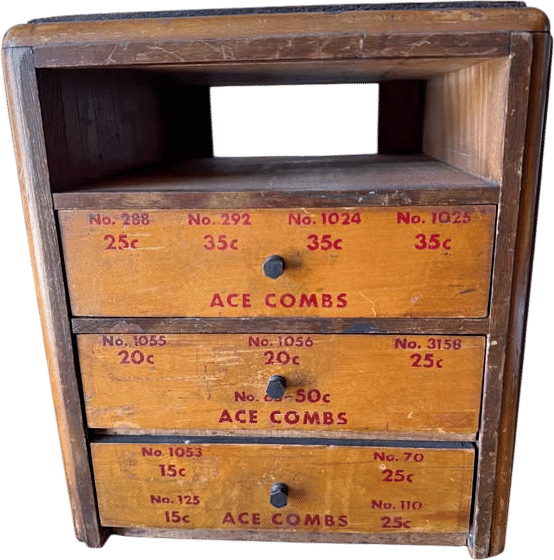 Vintage 1930s-1940s ACE Combs Wooden Display Cabinet