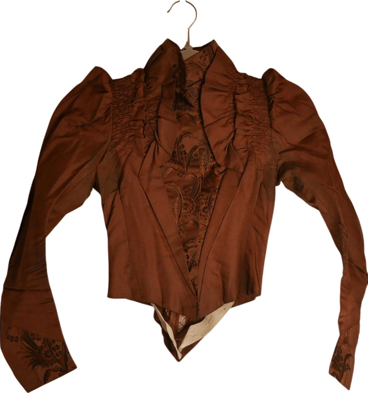 Antique Victorian Silk Bodice Copper Floral Embroidery Whale Boning 1880s