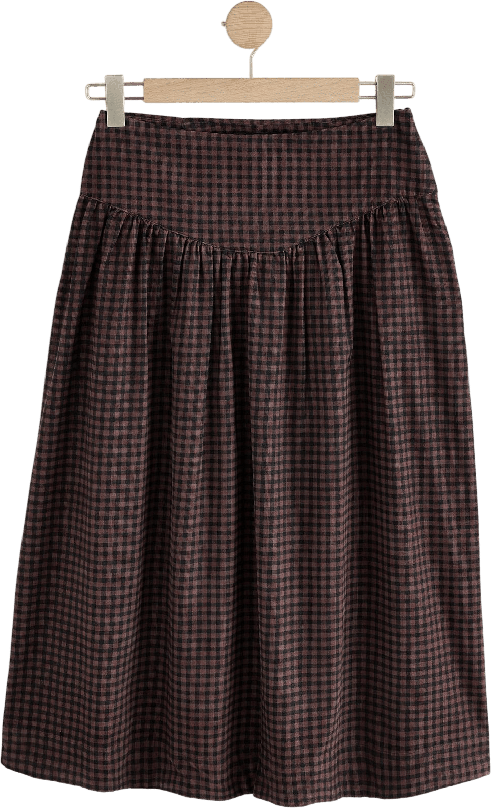 Brown Gingham Corduroy Drop Waist Midi Skirt