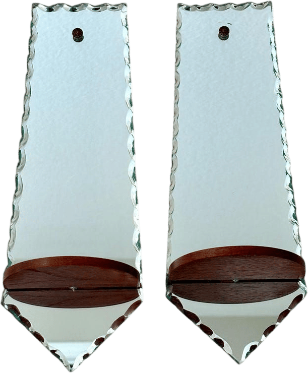 Art Deco Pair Scalloped Edge Mirror Wall Sconces With Shelf