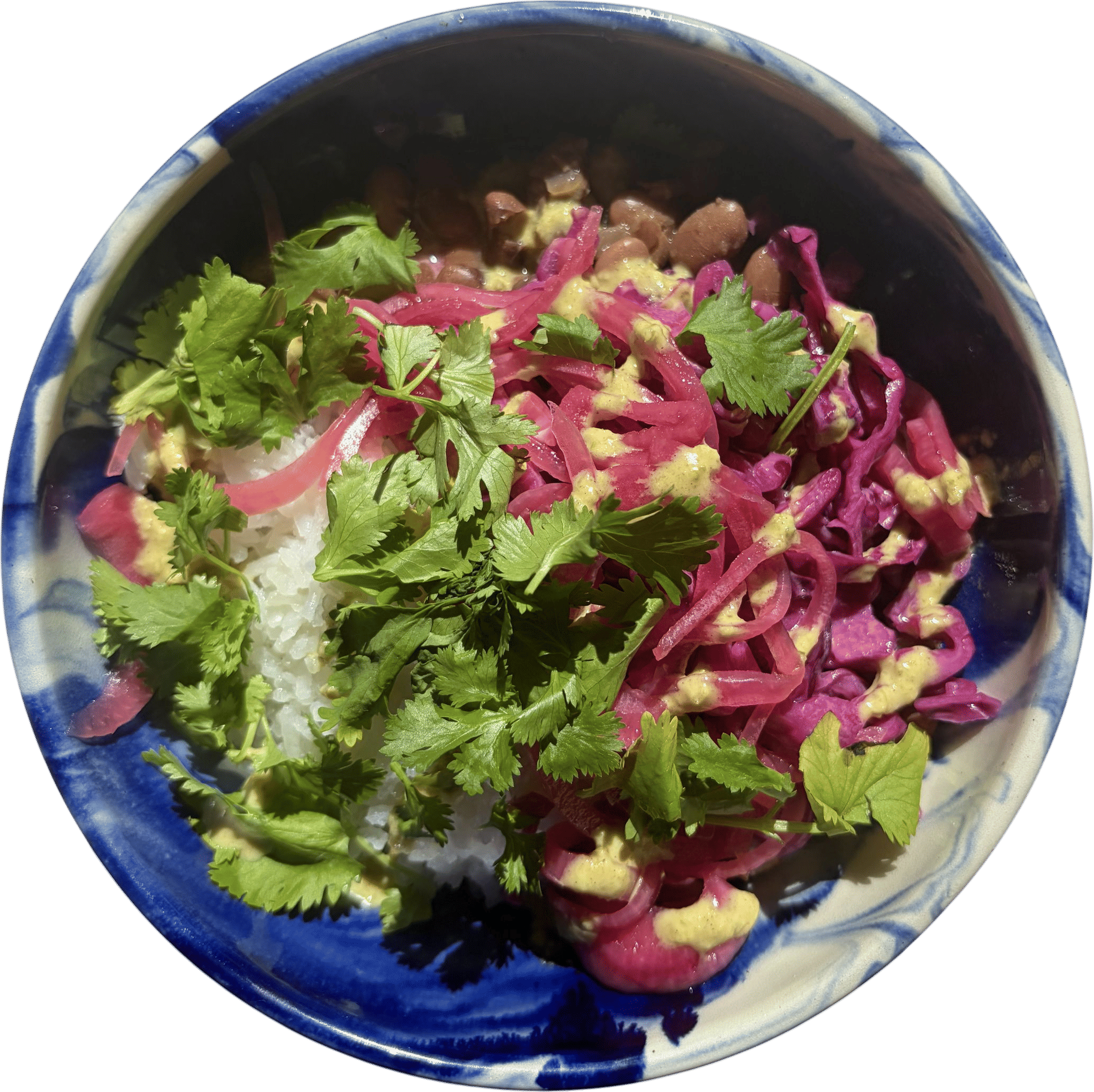 beans,  rice, slaw, pickled stuff, cilantro, salsa, chips, lime