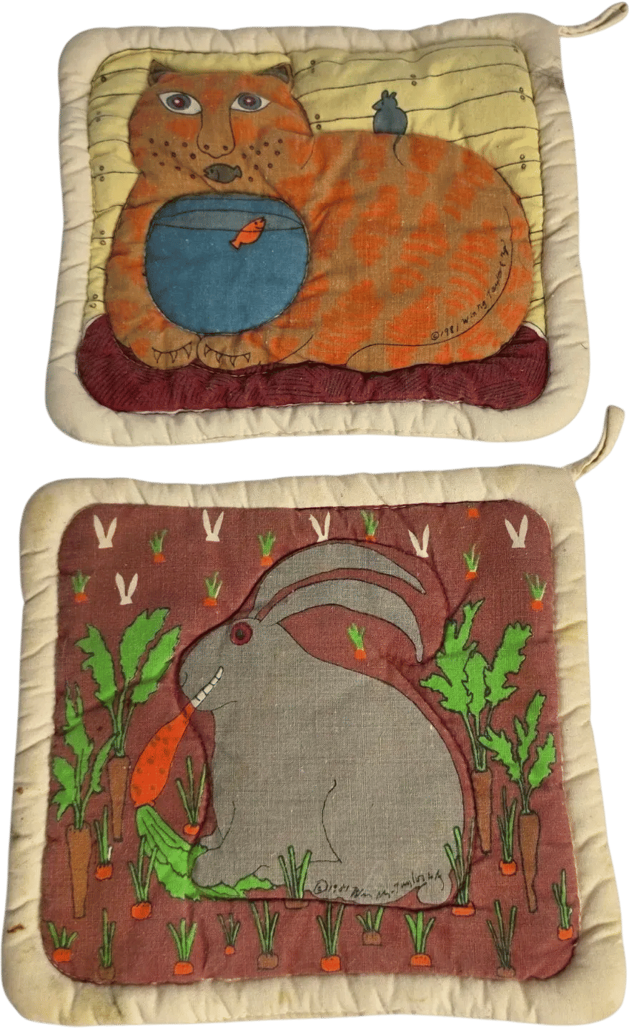 Vintage Rascal Rabbit & Kitty Katfish Pot Holders 1983