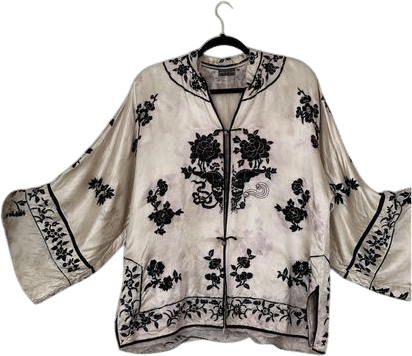 🌸 Antique 1920s Chinese Silk Embr.Jacket Hand-Stitched Black Peony, Art Deco Er