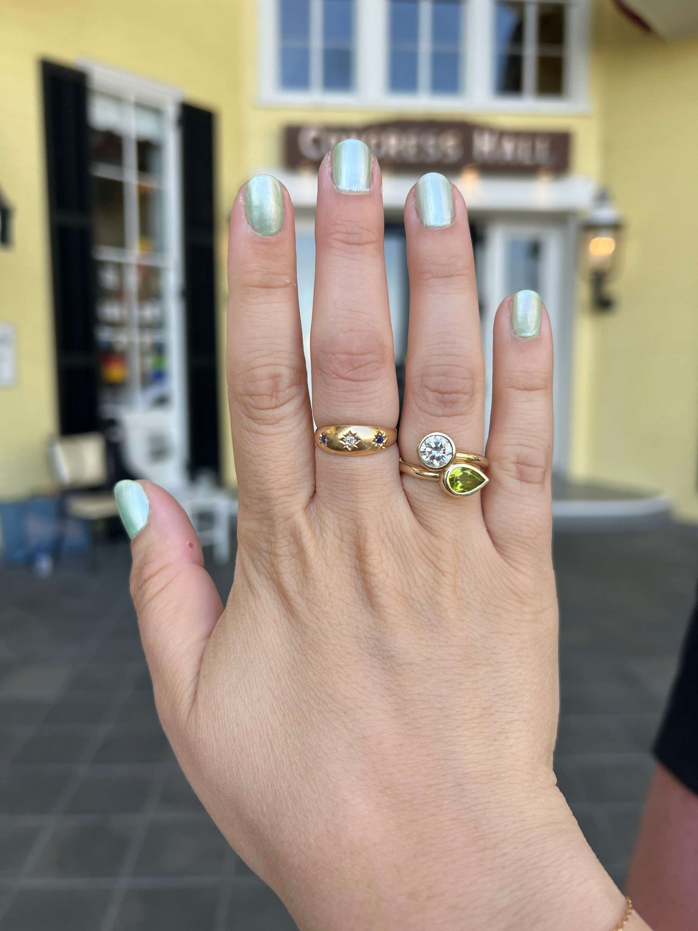 Peridot and diamond toi et moi ring with heirloom stones