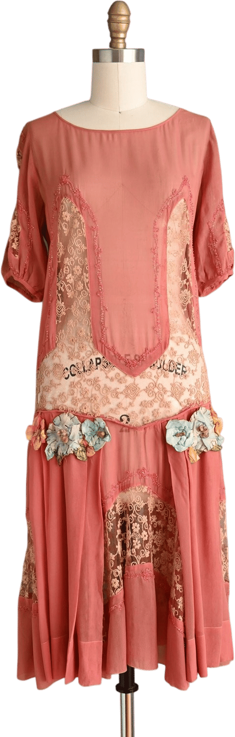 Vintage 1920s Rose Pink Silk Floral Appliqué Lace Dress