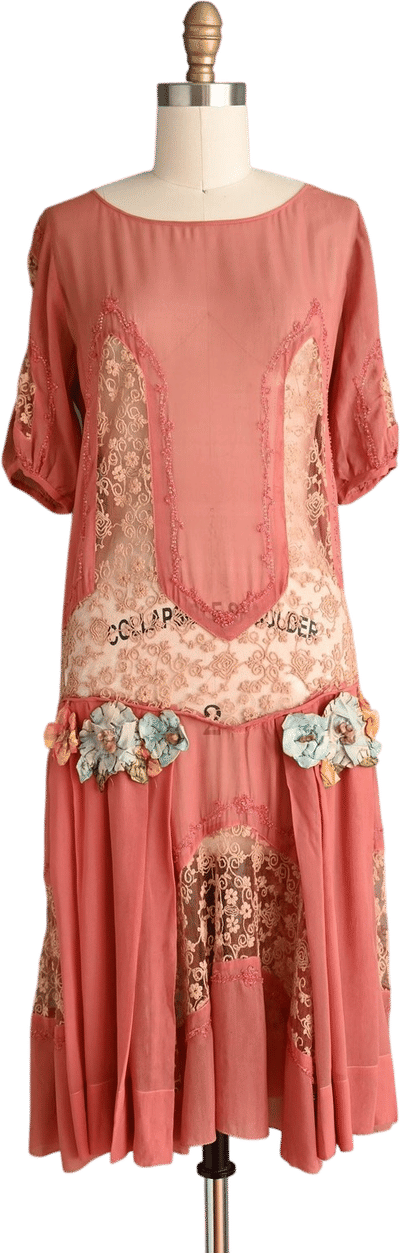 Vintage 1920s Rose Pink Silk Floral Appliqué Lace Dress