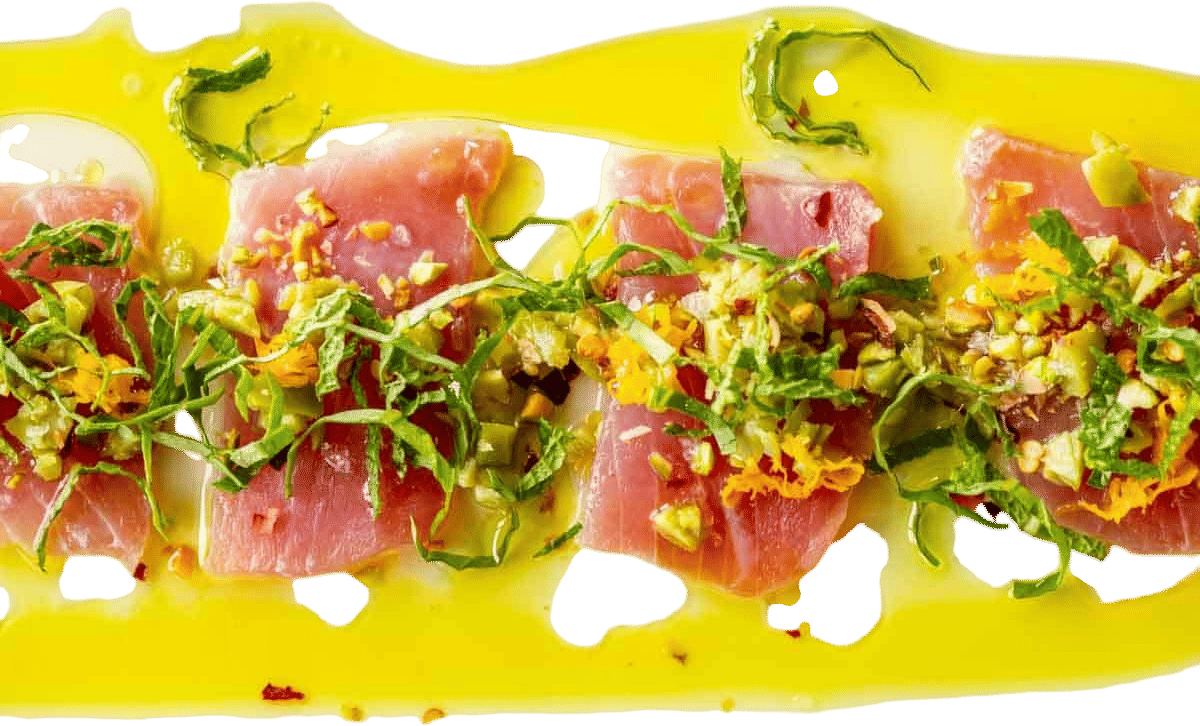 Sicilian Tuna Crudo with Olives and Pistachios