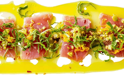 Sicilian Tuna Crudo with Olives and Pistachios