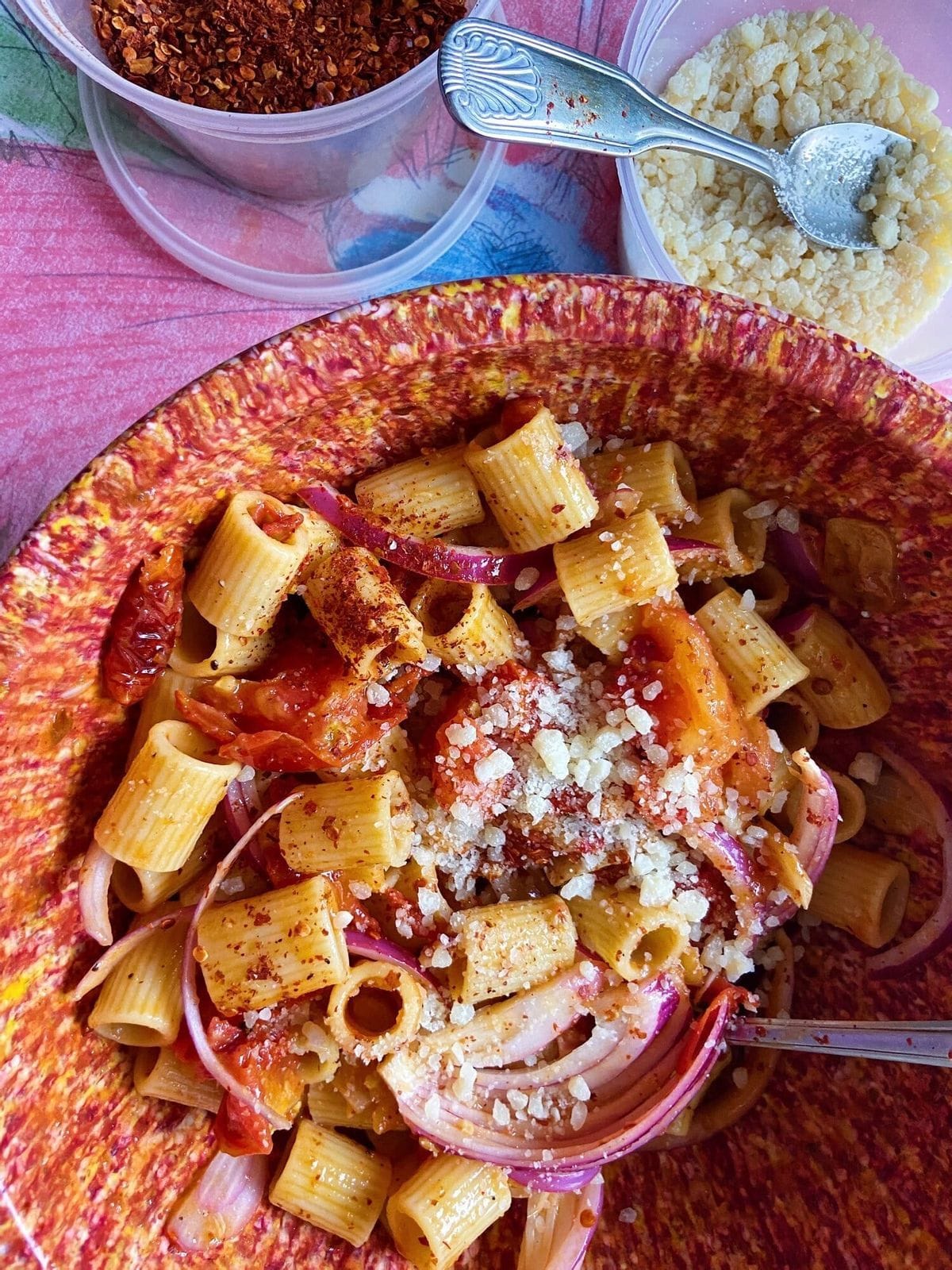 Cold Tomato Pasta with Pickled Onions