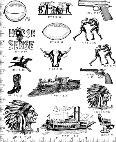 Indian Heads/Guns/Boxers Rubber Stamps P119