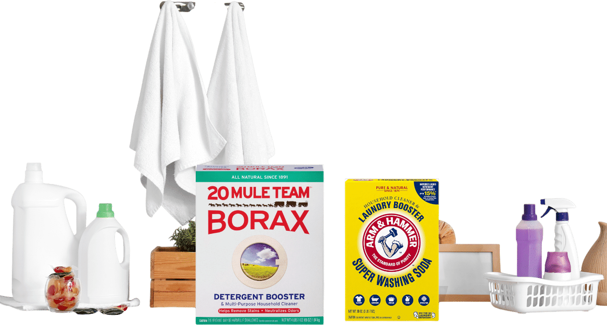 Add Borax or washing soda to your load of laundry