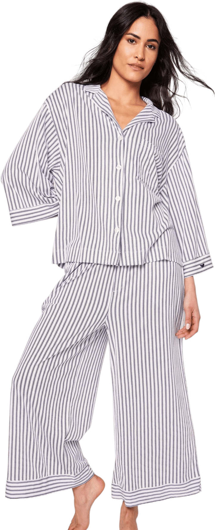 Petite Plume The Olivia Wide Leg Pima Pajama Set in Navy French Ticking