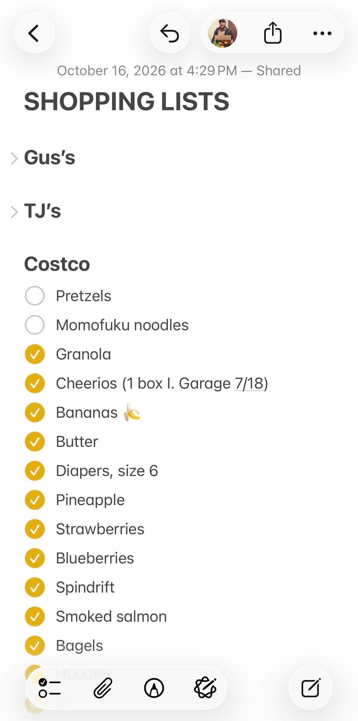 For shared shopping lists or to-do list, Notes app