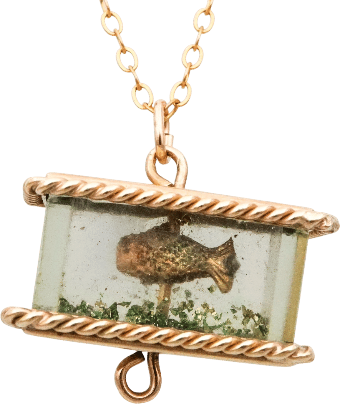 Rare Mid Century 9k Gold Moving Fish Tank Charm Pendant