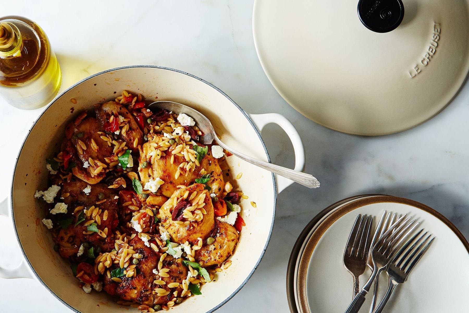Chicken Thighs With Tomato, Orzo, Olives, & Feta
