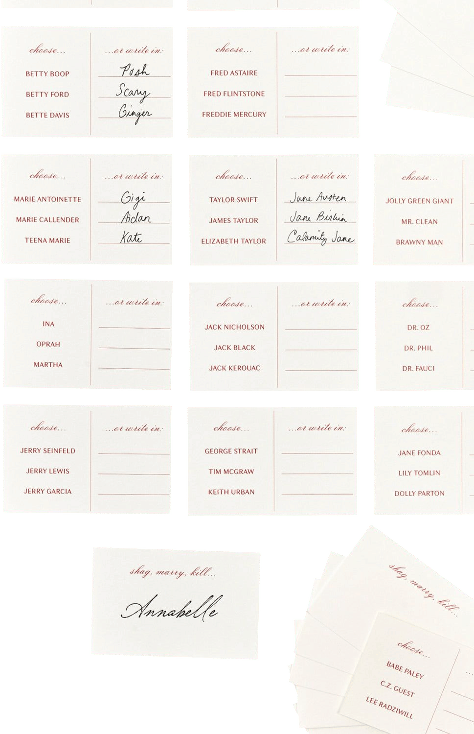 SET OF 24 SHAG, MARRY, KILL PLACE CARDS