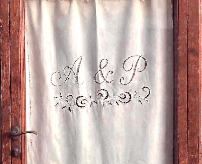 Custom Linen Cafe Curtain with Monograms – Hand Cutwork Embroidery – Personalized Wedding Window Curtain