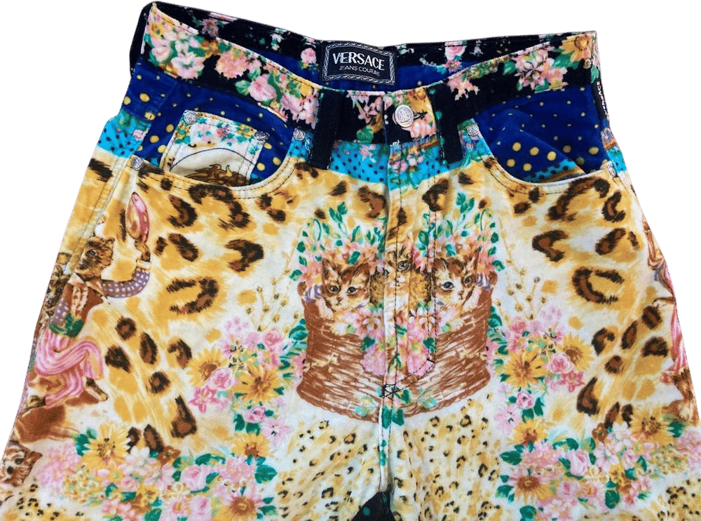 Vintage 1990s Versace Kittens Cats Velvet Couture Jeans Pants- 90s Flower Floral Colorful All Over Print Pattern -y2k Designer Archive Small - Etsy