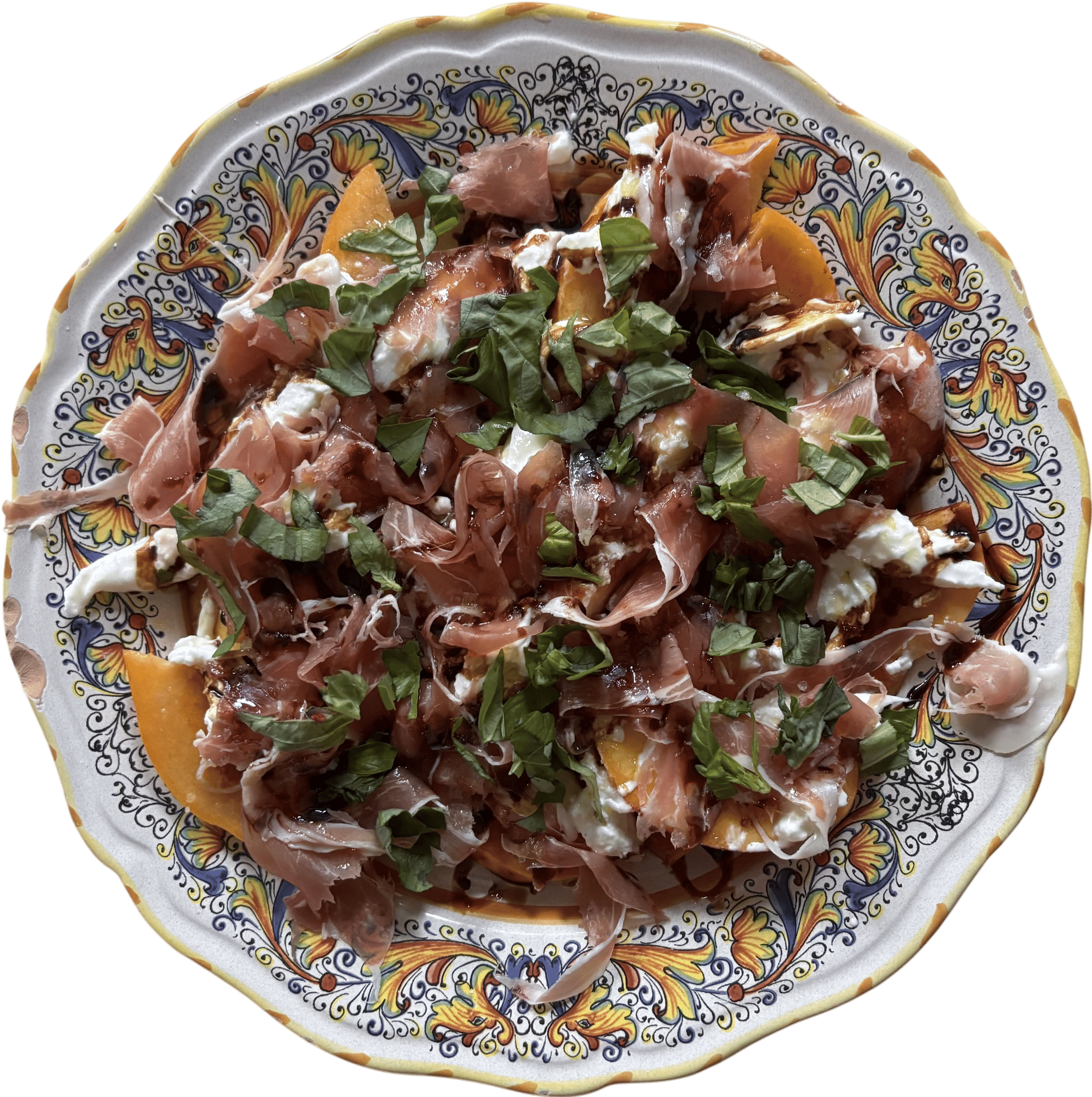 peach, burrata, prosciutto, basil salad