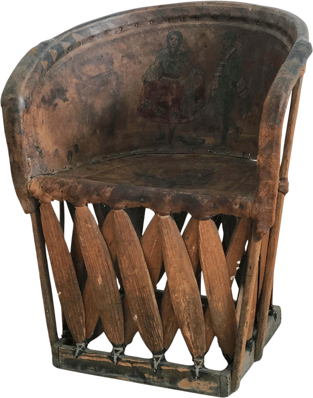 Mexican Equipale Folk Art Chair with Hand-Painted Scene 1930s