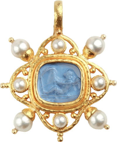 Cerulean 'Cherub with Sail' & Pearl Pendant