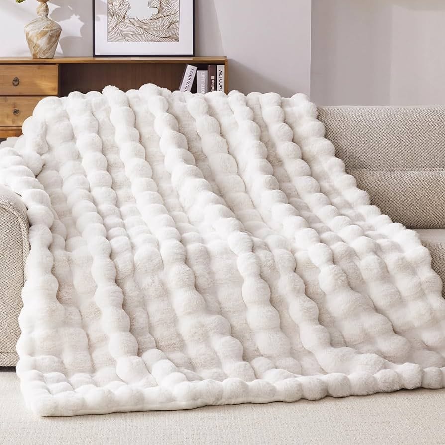 Anysay Faux Fur Throw Blanket White 80''x90''