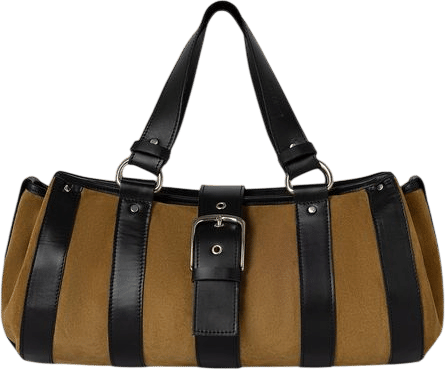 Women’s brown suede shoulder bag with black leather straps