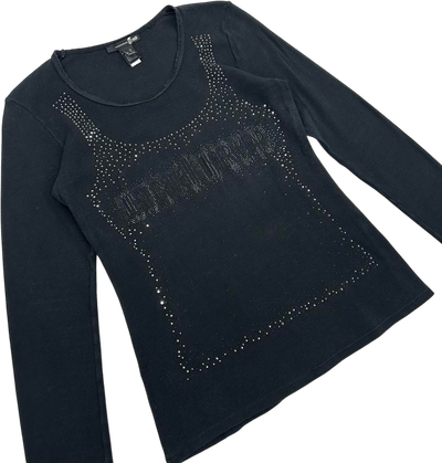 Roberto Cavalli Y2K Black Ribbed Rhinestone Long Sleeve Top