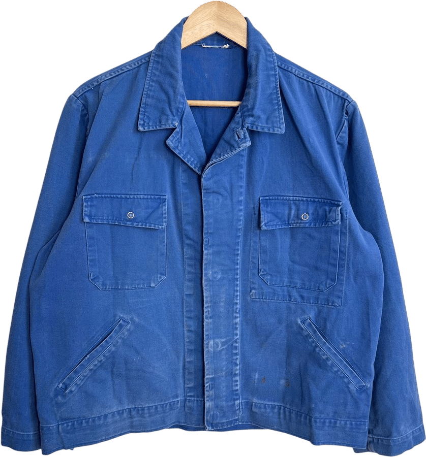 80-90s French Vintage Stained Blue Cotton Distressed Chore Works Sanfor Canvas Jacket