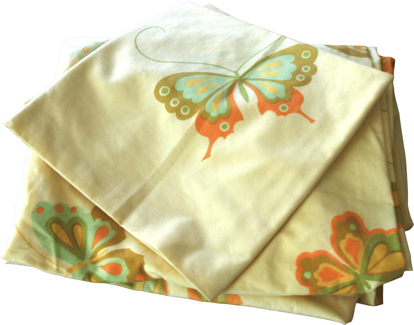 Vintage Fitted Bed Sheet & Pillow Case: "Hanae Mori / Martex" Gold w/ Orange, Olive Green, Brown Butterflies, Full Size, 1970s / 70s
