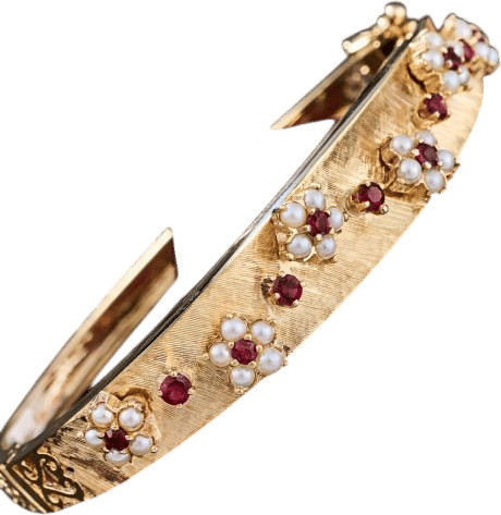 Florentine Garnet & Seed Pearl Bangle Bracelet 14K Yellow Gold
