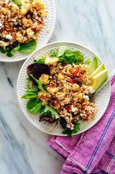 Roasted Cauliflower and Farro Salad with Feta and Avocado Recipe