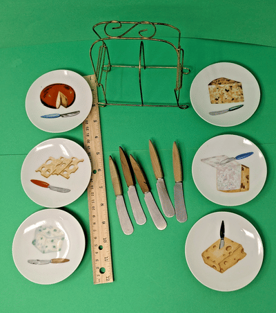 Vintage Cheese Appetizer Small Plates w/ Cheese Spreaders & 2-pc Wire rack Japan