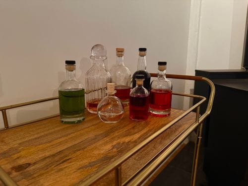 Store your bar cart in unlabled bottles