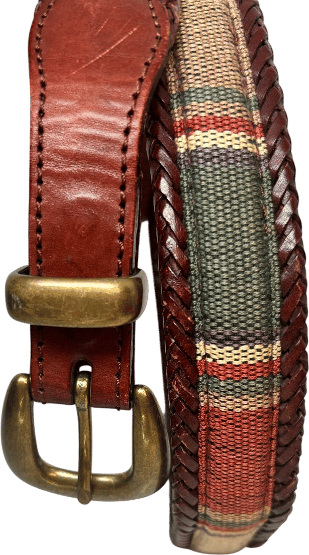 LL Bean Leather Brown Braided Belt Men's 34 Brass & Southwestern Striped Canvas