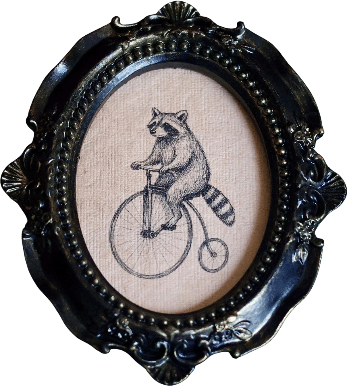 Raccoon on Bicycle Print in Oval Baroque Frame