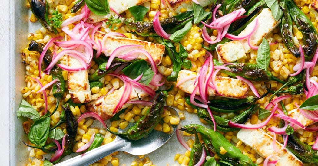Sheet-Pan Feta with Corn and Shishito Peppers Recipe