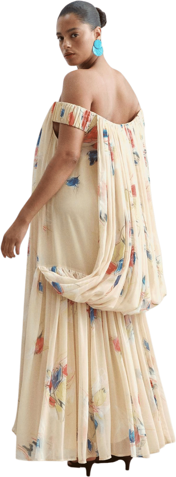 Curve Trapeze Bardot Maxi Dress with Cape Back in Yellow Floral Print