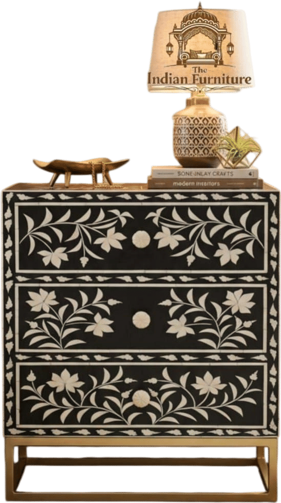 Handcrafted Bone Inlay Black Floral Nightstand