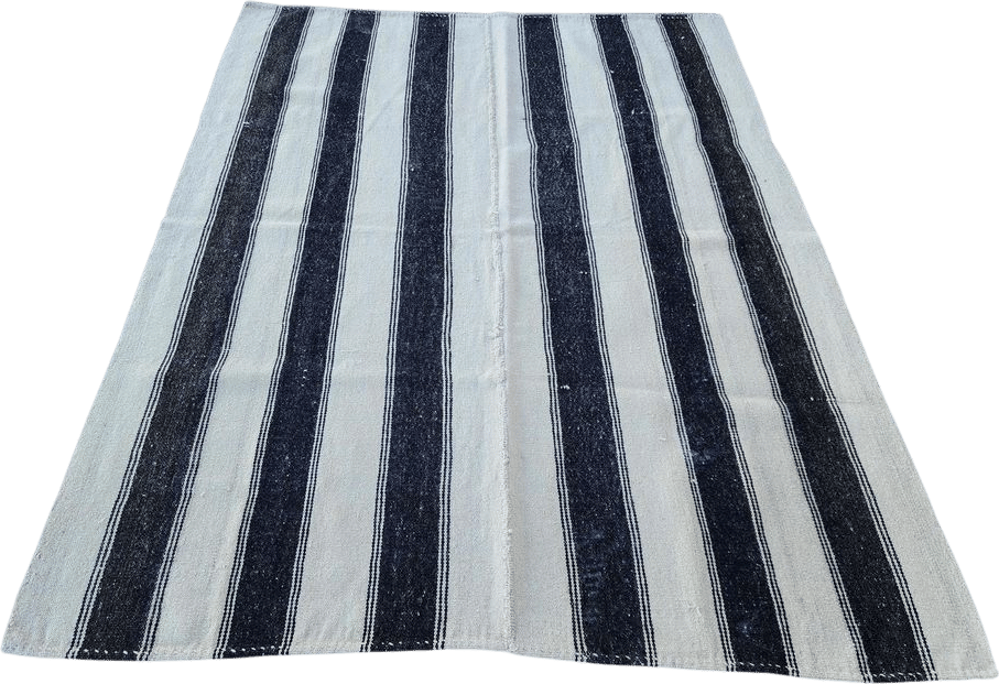 Vintage Turkish Kilim Rug: 5x4 Brown & White Striped Flatweave