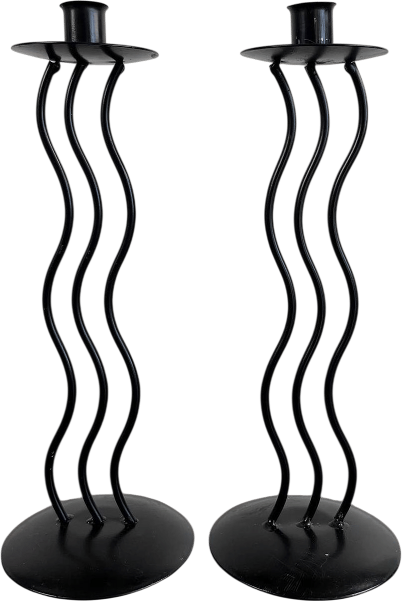 Vintage 80s Post Modern Memphis Style Black Metal Squiggle Candlestick Holders - a Pair