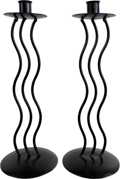 Vintage 1980s Post Modern Memphis Style Black Metal Squiggle Candlestick Holders
