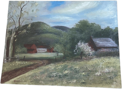 Vintage Bill Cunninghame Signed Oil Painting 1963 Red Barn Landscape 12x16